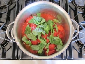 Tomatoes and basil in a pot on the stove.