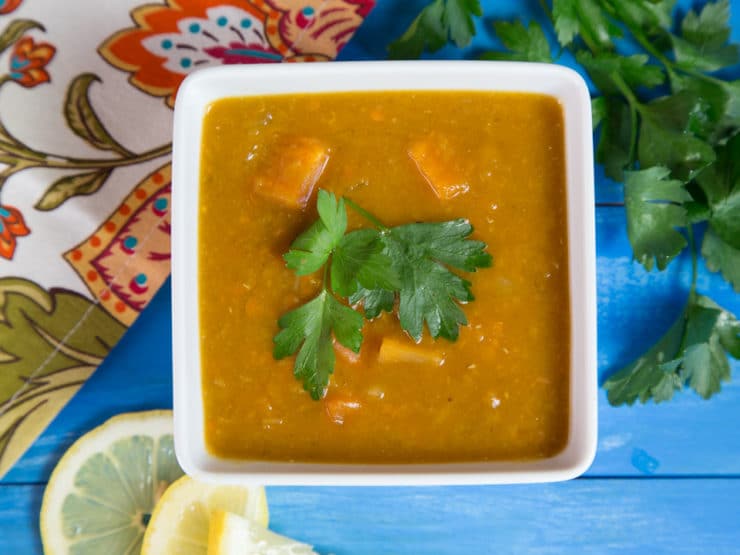 Smoky Lentil Sweet Potato Soup - Hearty, flavorful vegan soup with red lentils, sweet potato yam chunks, and spices. Easy to make in 1 hour.