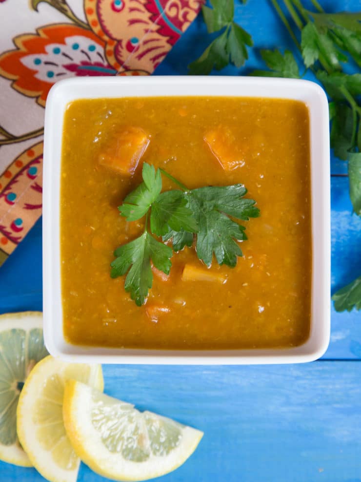 Smoky Lentil Sweet Potato Soup - Hearty, flavorful vegan soup with red lentils, sweet potato yam chunks, and spices. Easy to make in 1 hour.