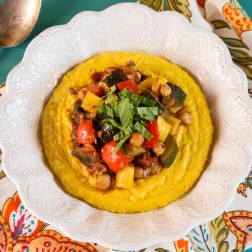 Mediterranean Vegetable Polenta Recipe - Heart-Healthy, Satisfying Vegan Entree with Creamy Turmeric Polenta and a Flavorful Vegetable Ragout