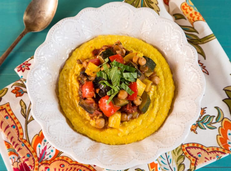 Mediterranean Vegetable Polenta Recipe - Heart-Healthy, Satisfying Vegan Entree with Creamy Turmeric Polenta and a Flavorful Vegetable Ragout