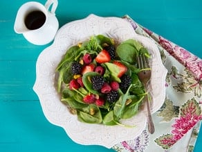 Spring Berry Pistachio Salad with Maple Balsamic Vinaigrette - Fresh Vegan Spinach Salad with Ripe, Sweet Strawberries, Raspberries and Blackberries
