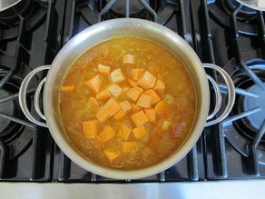 Soup simmering on the stove.