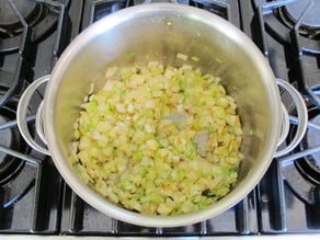 Onion, fennel, leek in a stockpot.