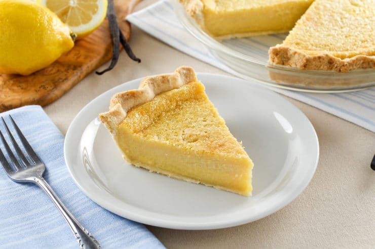 Lemon Vanilla Buttermilk Pie featuring a flaky crust, creamy filling, and a hint of citrus flavor