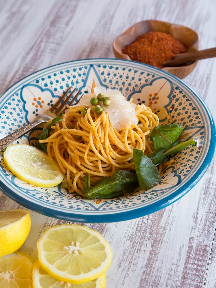 Smoky Pasta with Peas & Greens - Simple Vegetarian Pasta Dish with Smoked Paprika and Spices from Tori Avey.com