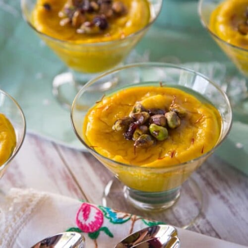 Persian Saffron Pudding - Exotic Gluten Free, Dairy Free, Vegan Dessert Recipe with Saffron, Pistachios and Orange Blossom Syrup