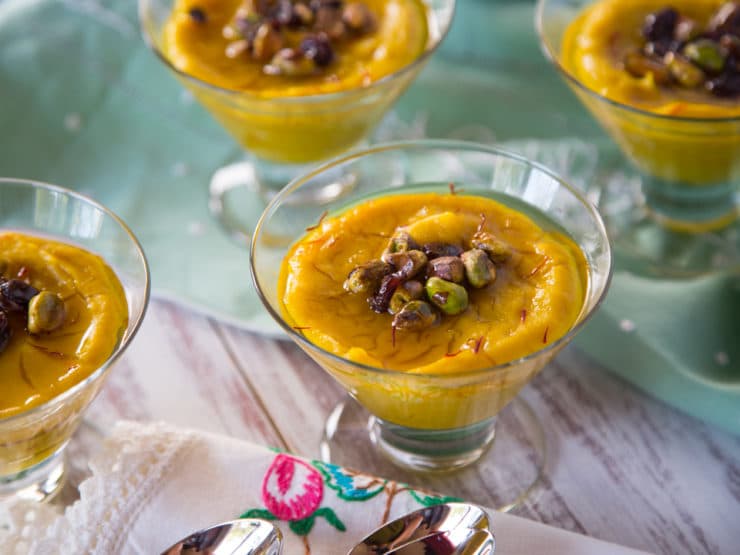 Persian Saffron Pudding - Exotic Gluten Free, Dairy Free, Vegan Dessert Recipe with Saffron, Pistachios and Orange Blossom Syrup