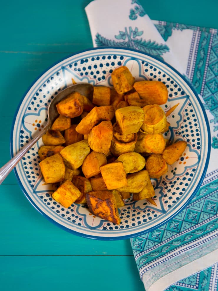 Curry Roasted Sweet Potatoes - Easy, Healthy, Crave-Worthy Vegan Side Dish Spiced with Curry Powder, Cinnamon and Salt. 