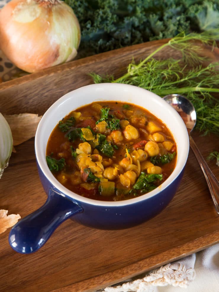 Chickpea Kale and Fire Roasted Tomato Soup - One pot meal - recipe for healthy, hearty soup with garbanzo beans, kale, fire roasted tomatoes, fennel and leeks.