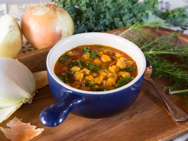 Chickpea Kale and Fire Roasted Tomato Soup - One pot meal - recipe for healthy, hearty soup with garbanzo beans, kale, fire roasted tomatoes, fennel and leeks.