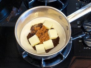 Butter, brown sugar and milk in pan