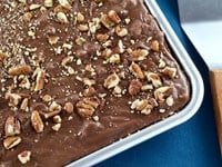 Texas Sheet Cake - Rich, Moist Chocolate Sheet Cake Topped with Chocolate Frosting and Toasted Pecans. Tried-and-True, Quintessential Texas Dessert Recipe.