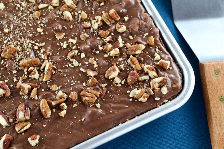 Texas Sheet Cake - Rich, Moist Chocolate Sheet Cake Topped with Chocolate Frosting and Toasted Pecans. Tried-and-True, Quintessential Texas Dessert Recipe.