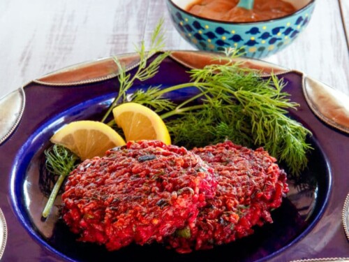 Red Rice and Beet Cakes with Honey Mustard - Crispy, fried vegetarian cakes with a sweet sauce from Simply Ancient Grains