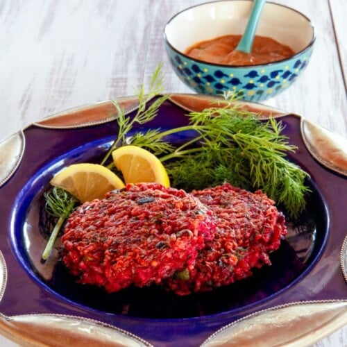 Red Rice and Beet Cakes with Honey Mustard - Crispy, fried vegetarian cakes with a sweet sauce from Simply Ancient Grains