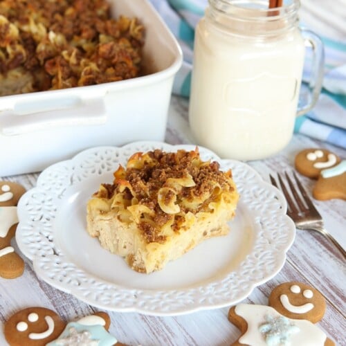 Eggnog Gingerbread Kugel - Jewish Noodle Casserole Made with Eggnog, Holiday Spices and a Gingersnap Crumble Topping from ToriAvey.com