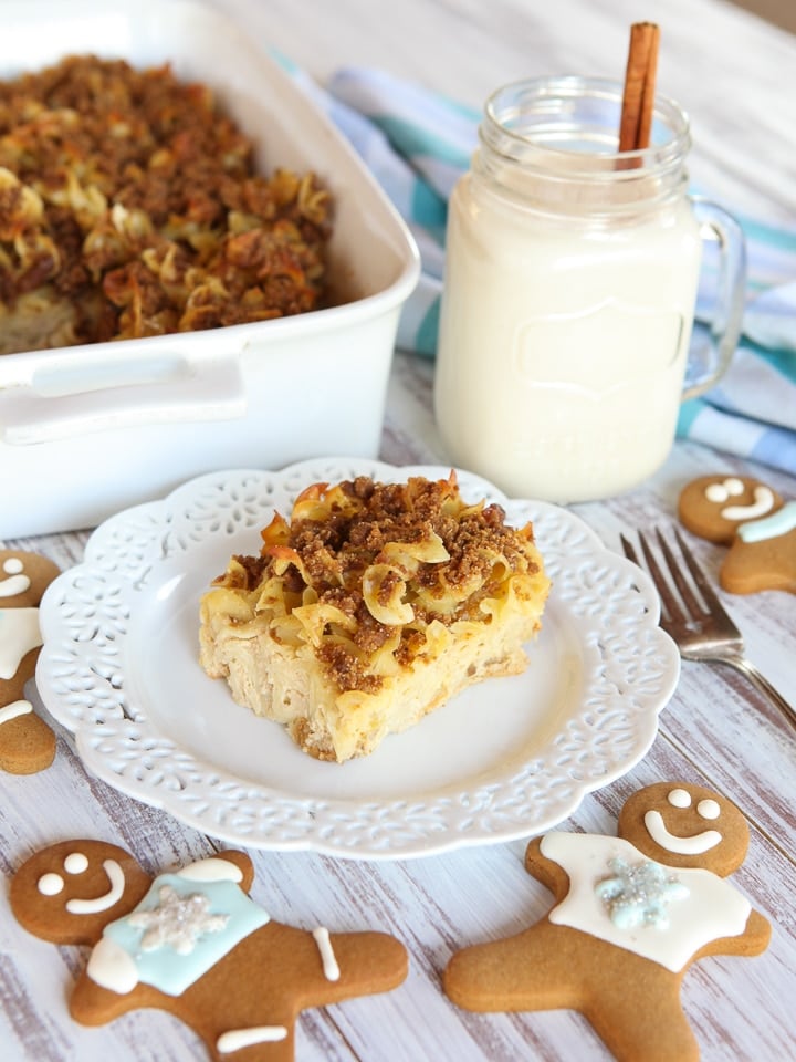 Eggnog Gingerbread Kugel - Jewish Noodle Casserole Made with Eggnog, Holiday Spices and a Gingersnap Crumble Topping from ToriAvey.com