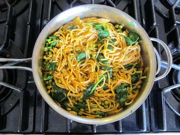 Smoky Pasta with Peas & Greens - Simple Vegetarian Pasta Dish with Smoked Paprika and Spices from Tori Avey.com