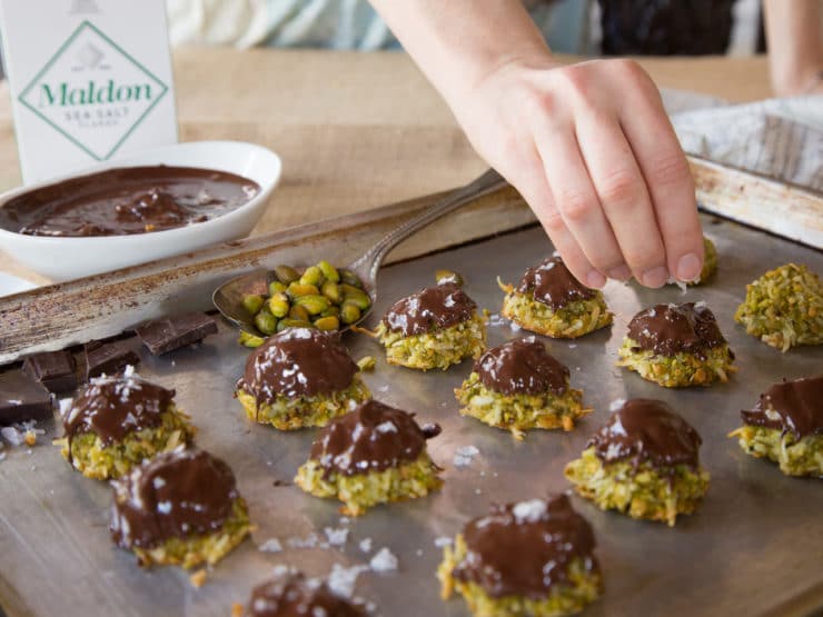 Dark Chocolate Pistachio Macaroons with Rosewater and Sea Salt Flakes - Delicious Gluten Free Treat for Passover or Anytime