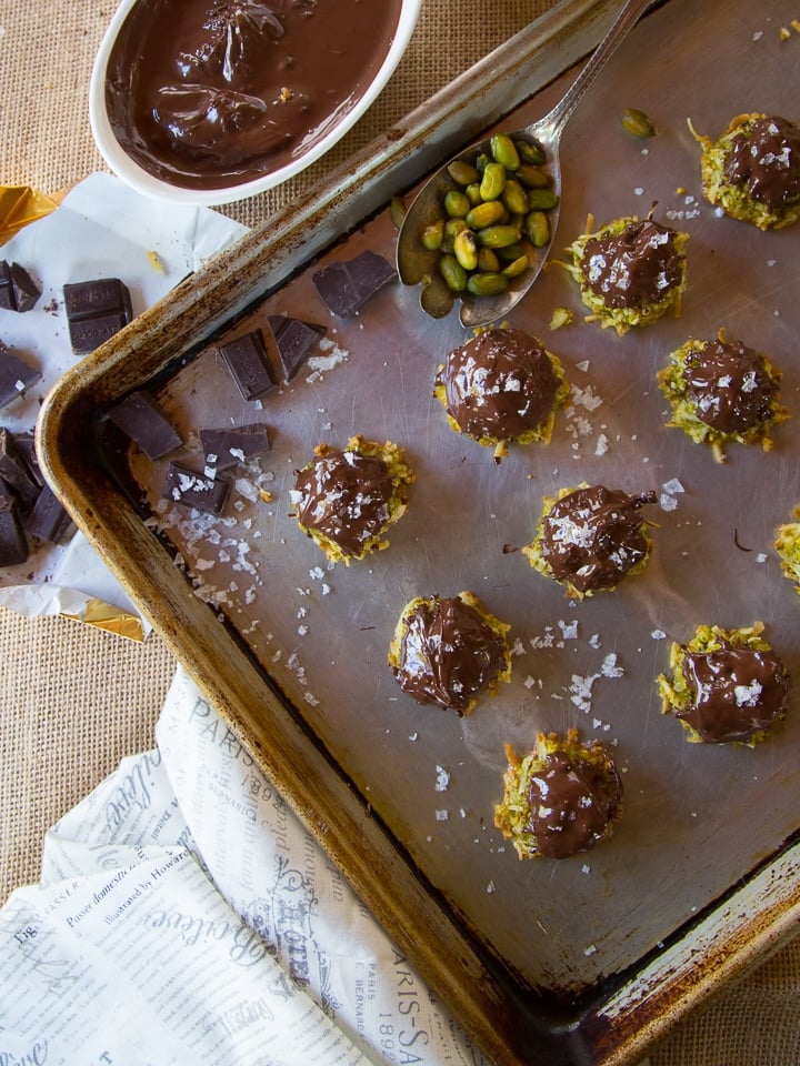 Dark Chocolate Pistachio Macaroons with Rosewater and Sea Salt Flakes - Delicious Gluten Free Treat for Passover or Anytime