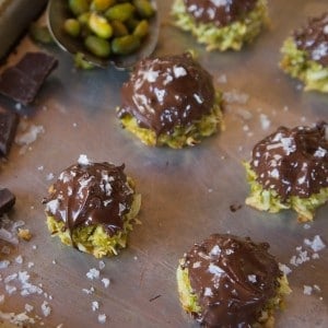 Dark Chocolate Pistachio Macaroons with Rosewater and Sea Salt Flakes - Delicious Gluten Free Treat for Passover or Anytime