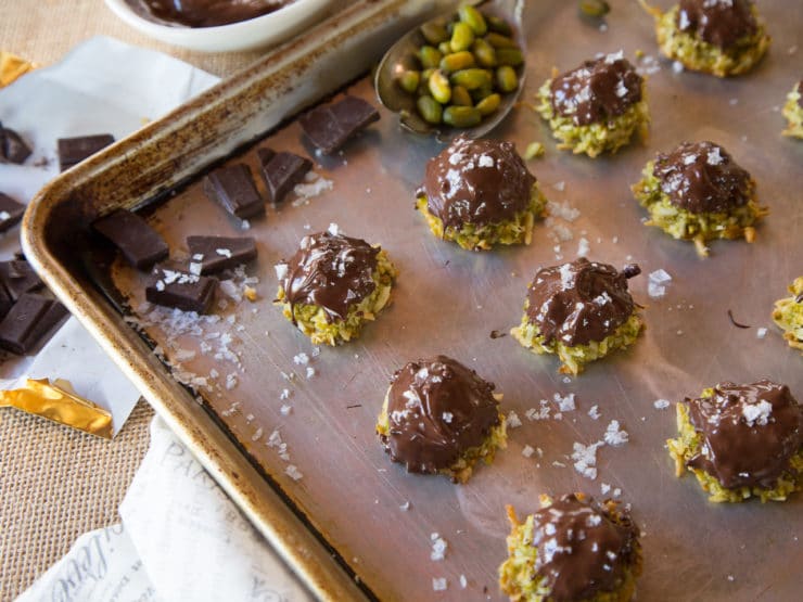 Dark Chocolate Pistachio Macaroons with Rosewater and Sea Salt Flakes - Delicious Gluten Free Treat for Passover or Anytime