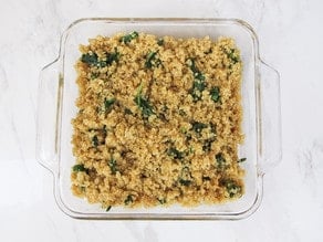 Sweet Potato Spinach Quinoa Casserole - Vegan gluten free entree for Passover or anytime, topped with a rich coconut-saffron “gratin” sauce.
