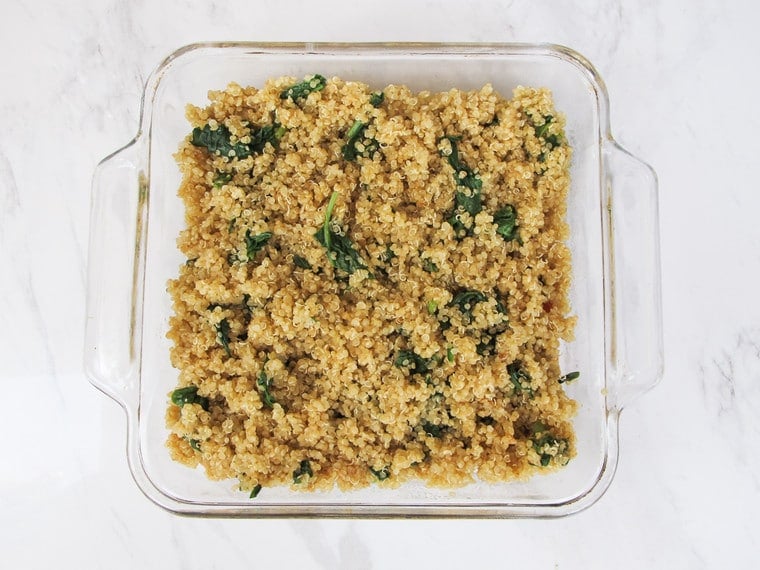 Sweet Potato Spinach Quinoa Casserole - Vegan gluten free entree for Passover or anytime, topped with a rich coconut-saffron “gratin” sauce.