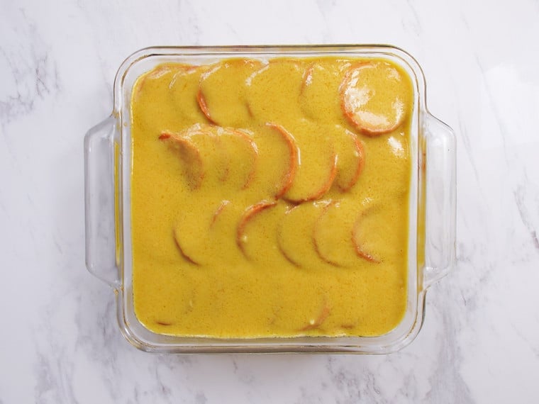 Sweet Potato Spinach Quinoa Casserole - Vegan gluten free entree for Passover or anytime, topped with a rich coconut-saffron “gratin” sauce.