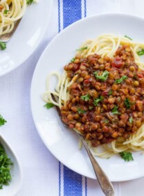 A delicious vegan alternative to traditional Bolognese sauce made with lentils, tomatoes, and herbs