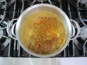 Lentils, diced carrots, onions and broth simmering in a stainless steel pot on the stovetop.