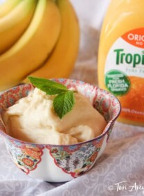 A delightful image of Tropicana orange sorbet, a creamy, refreshing treat made with only two ingredients