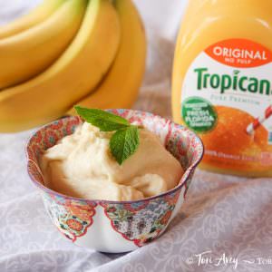 A delightful image of Tropicana orange sorbet, a creamy, refreshing treat made with only two ingredients