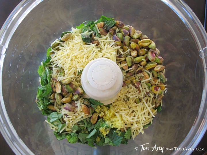 Pistachio Mint Pesto - Flavorful fresh herb pesto sauce with fresh mint, roasted garlic, basil, lemon and parmesan.