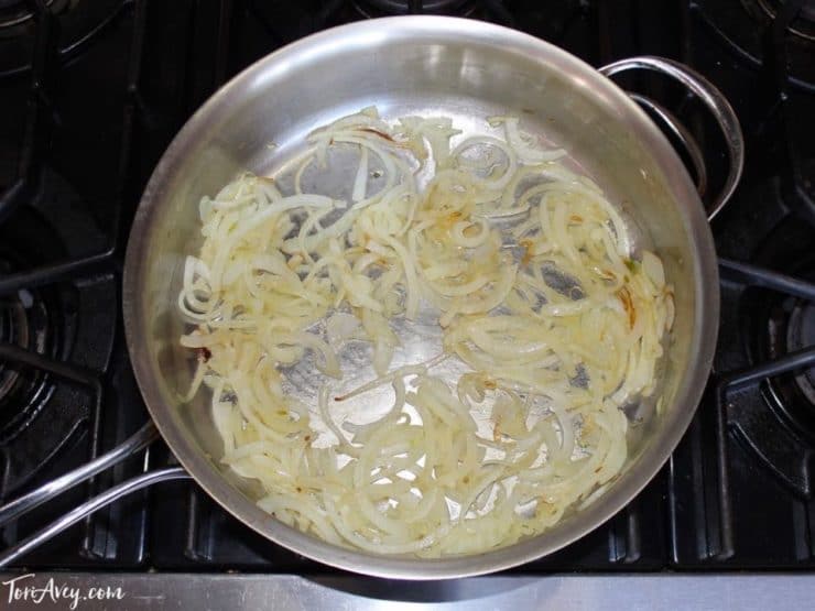 Sautéing onion to make mnazaleh, a traditional Middle Eastern Druze recipe.