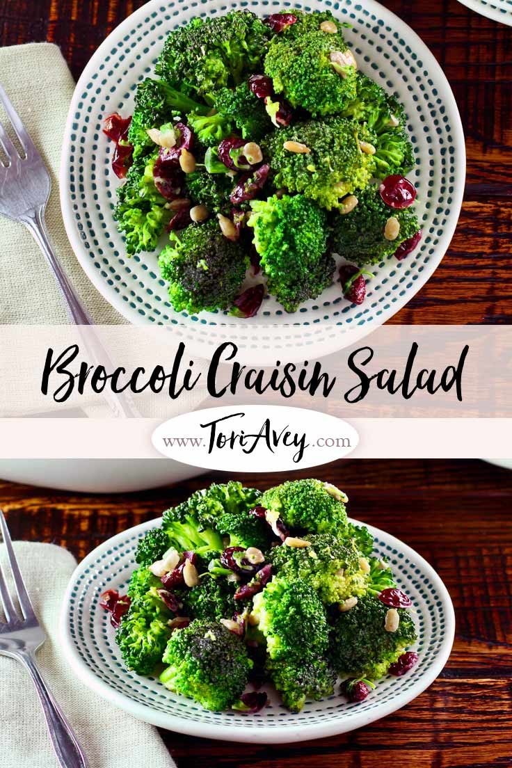 A simple, healthy, delicious make-ahead side dish with broccoli, dried cranberries, sunflower seeds, scallions and dressing | ToriAvey.com #vegetarian #broccoli #sidedish #salad #TorisKitchen