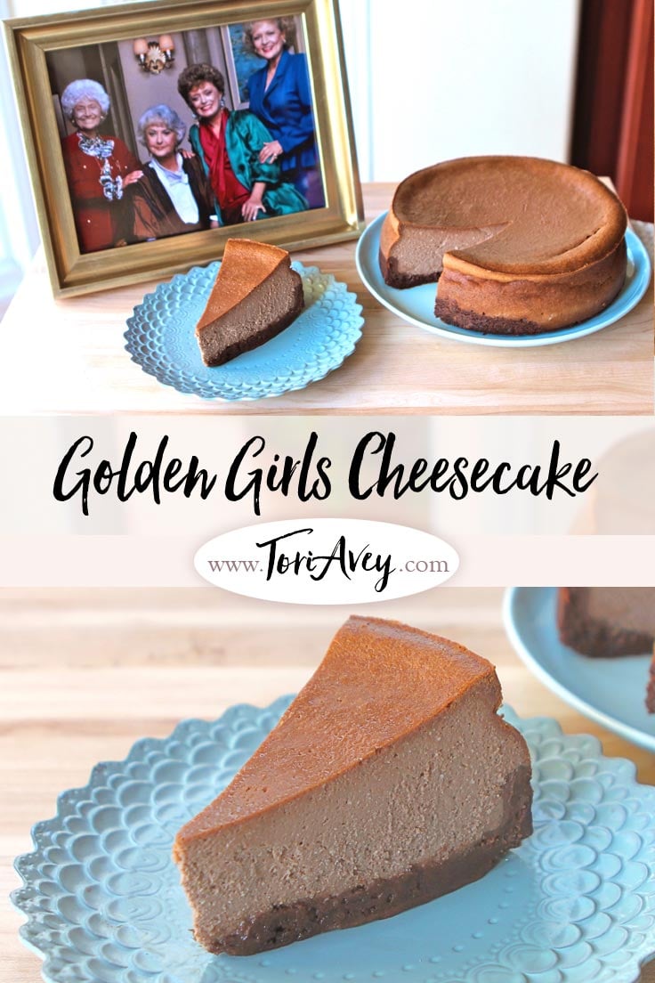 The Golden Girls Cheesecake - Recipe for The Golden Girls Cheesecake. Celebrate Betty White's birthday with Sophia Petrillo's Double Fudge Amaretto Ricotta Cheesecake. | ToriAvey.com #GoldenGirls #cheesecake #Toriskitchen #fudge #ricotta #dessert