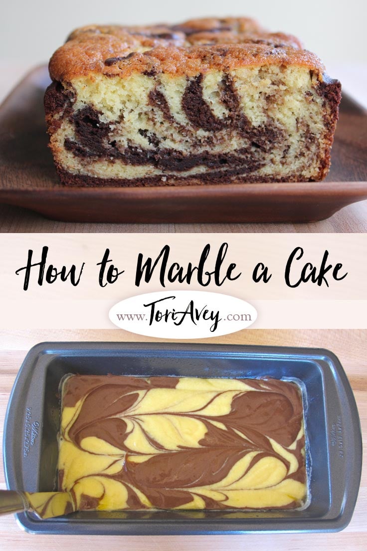 How to Marble a Cake - Learn how to marble a cake using two different colored batters, a checkerboard pattern, and a knife. | ToriAvey.com #marblecake #jewishbaking #dessert #TorisKitchen
