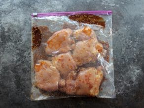 Boneless skinless chicken thighs in sealed plastic bag with teriyaki sauce marinade.