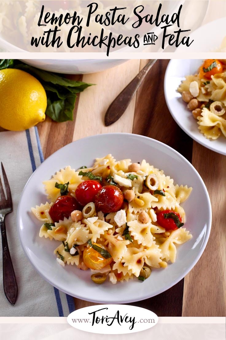 Lemon Pasta Salad with Roasted Tomatoes, Chickpeas & Feta - Recipe for a simple Mediterranean-style pasta salad with lemon, feta, chickpeas, roasted tomatoes, basil, olive oil and red pepper flakes for spice. | ToriAvey.com #Mediterranean #sidedish #pastasalad #TorisKitchen