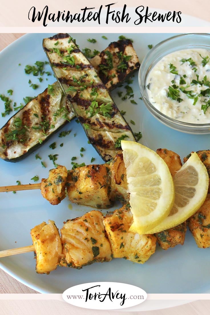 Marinated Fish Skewers - Grilled fish skewers marinated in Sephardic spices and herbs - cumin, paprika, turmeric, garlic, cayenne and cilantro with lemon juice. | ToriAvey.com #Sephardic #fish #grilling #skewers #TorisKitchen