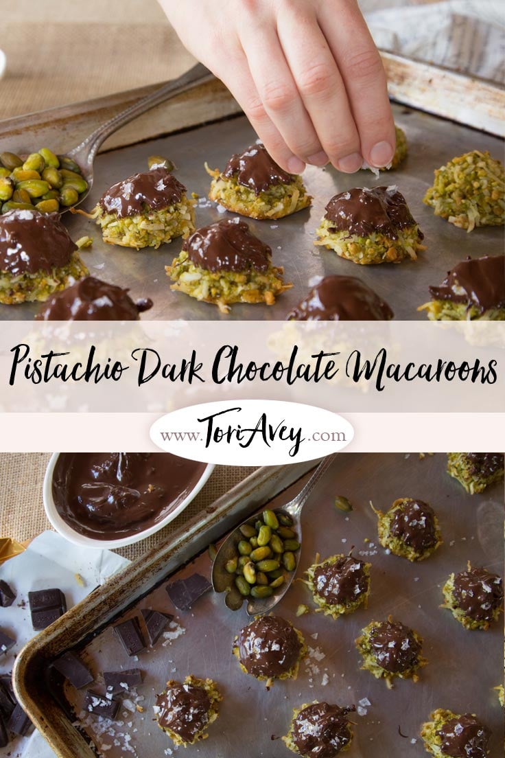 Dark Chocolate Pistachio Macaroons - Delicious Gluten Free Treat for Passover or Anytime of Year. Made with Coconut, Rosewater and Sea Salt. | ToriAvey.com #Passover #coconut #macaroons #dessert #glutenfree #TorisKitchen