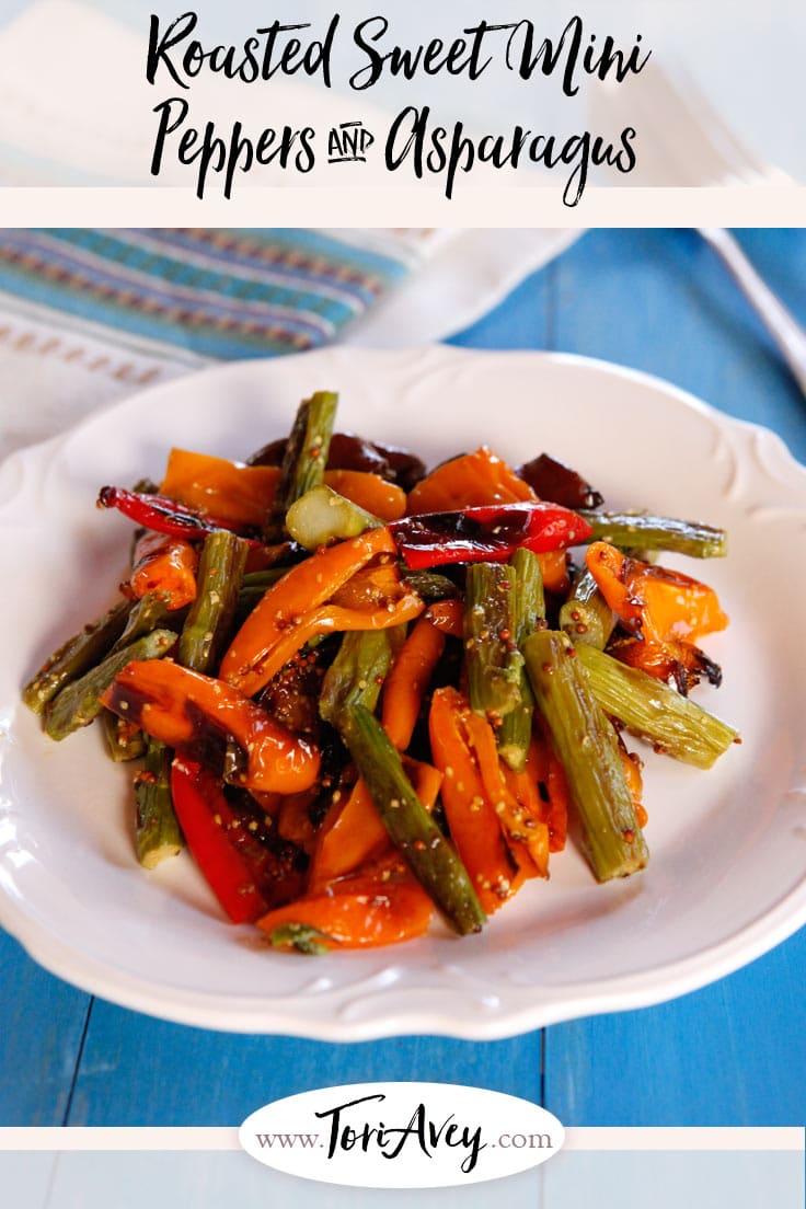 Roasted Sweet Mini Peppers and Asparagus - Roasted asparagus and sweet roasted mini peppers with a delicious simple dressing. Easy, healthy, flavorful and colorful vegan side dish. | ToriAvey.com #vegan #sidedish #salad #sidesalad #TorisKitchen