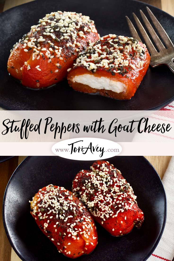 Stuffed Peppers with Goat Cheese Recipe - Roasted peppers stuffed with goat cheese, topped with sesame seeds and fresh herbs. | ToriAvey.com #roastedpeppers #goatcheese #MiddleEasternrecipe #vegetarian #dinner #TorisKitchen