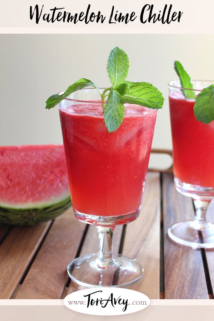 Watermelon Lime Chiller - This cool and refreshing summer drink is made with fresh watermelon, lime juice, sugar and rum. Can be made with alcohol or without. | ToriAvey.com #refreshing #summer #drink #watermelon #rum #cocktail #summerdrink #chiller #lime #cocktailhourr #cocktailparty #poolparty