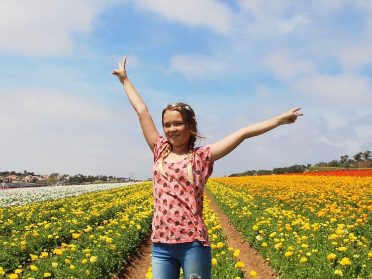 A young girl posing in a field of yellow ranunculus blooms. The sky overhead is bright blue with big fluffy clouds.