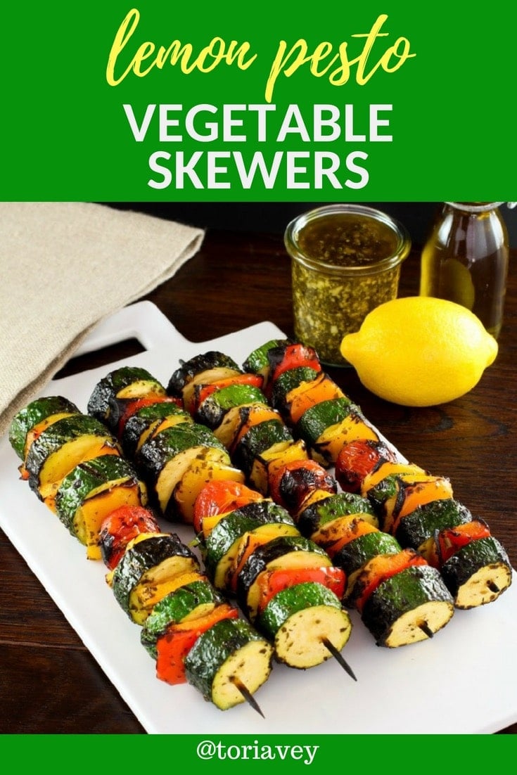 Lemon Pesto Vegetable Skewers - Vegetarian option for your barbecue. Lemon Pesto Vegetable Skewers - Sliced vegetable skewers marinated with pesto, lemon juice and olive oil. Healthy, gluten free, can be made dairy or vegan. | ToriAvey.com #vegetarian #vegan #pesto #grilling #skewers #cookout #grilled