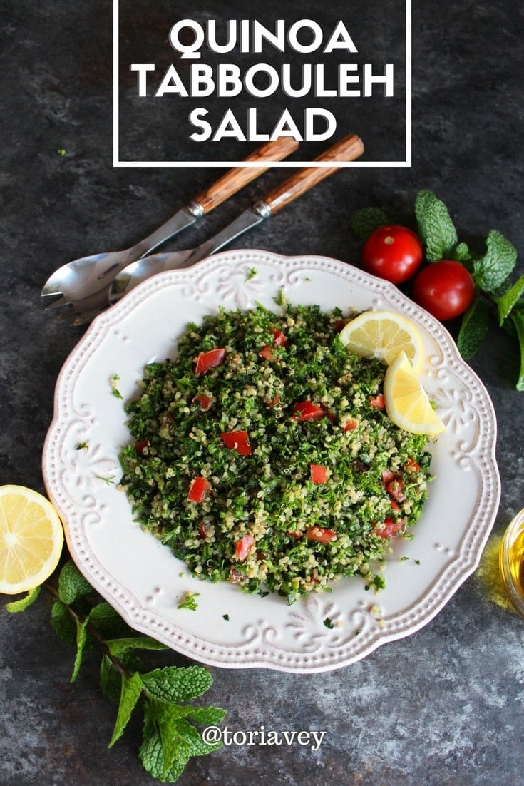 Quinoa Tabbouleh Salad - lemony Middle Eastern tabbouleh salad with healthy gluten free quinoa, fresh parsley and mint. Kosher for Passover. | ToriAvey.com #tabbouleh #salad #tabouli #tabbouli #sidedish #healthy #lemon #easyrecipe #vegetarian #cleaneating #kosher #passover #parsley #mint #tomatoes #oliveoil #evoo #lebanese #middleeastern #vegan #healthy #recipe