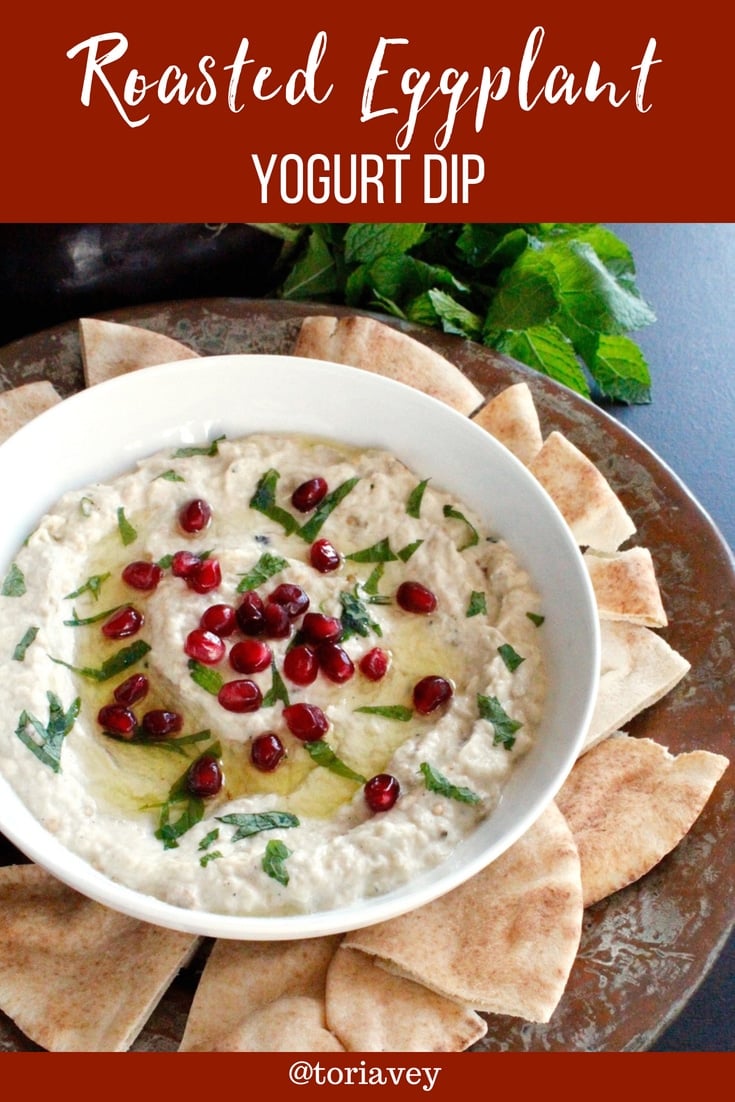 Roasted Eggplant Yogurt Dip - Moutabal. Flame roasted eggplant with Greek yogurt or labneh, roasted garlic, and tahini. A creamy, delectable dip. #eggplant #babaghanoush #moutabal #greekyogurt #tahini #garlic #pomegranates #mint #TorisKitchen
